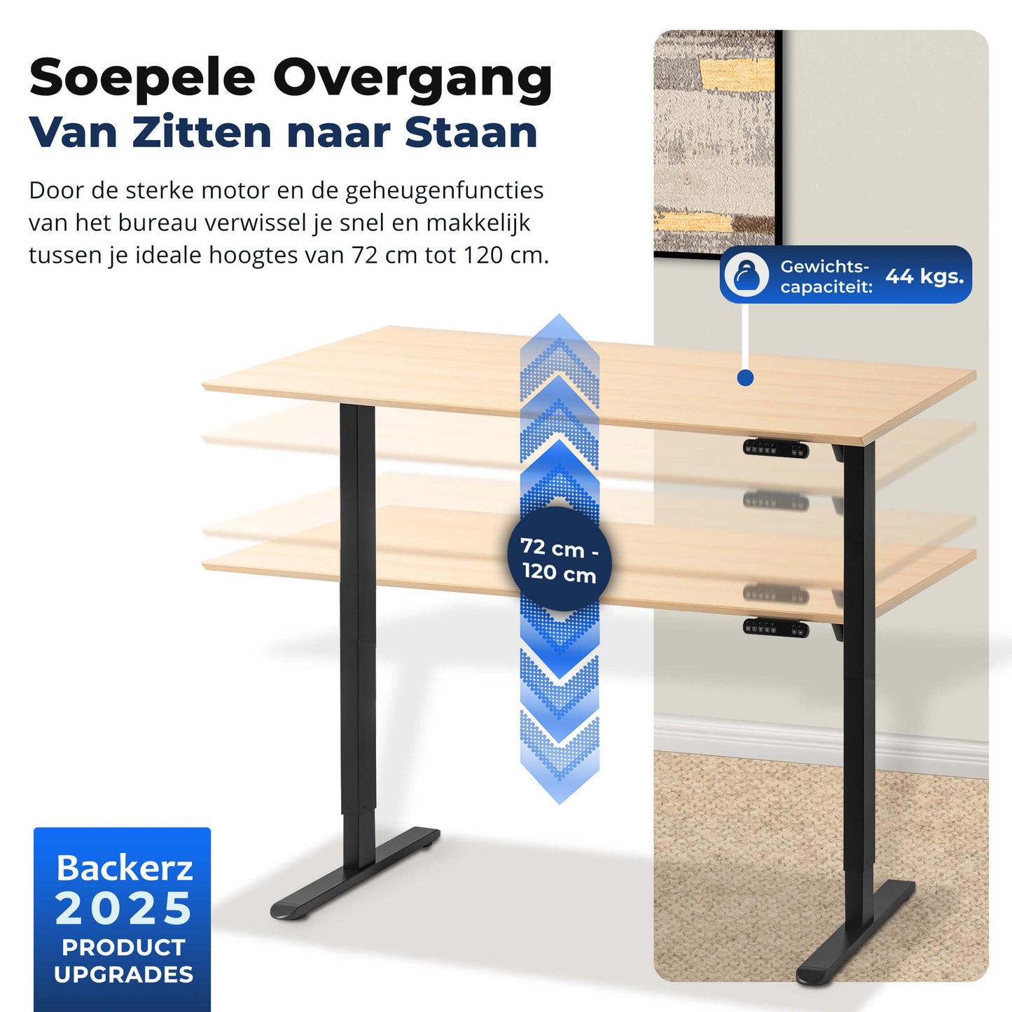 Een zit sta bureau elektrisch van Backerz met 44kg maximale belasting.