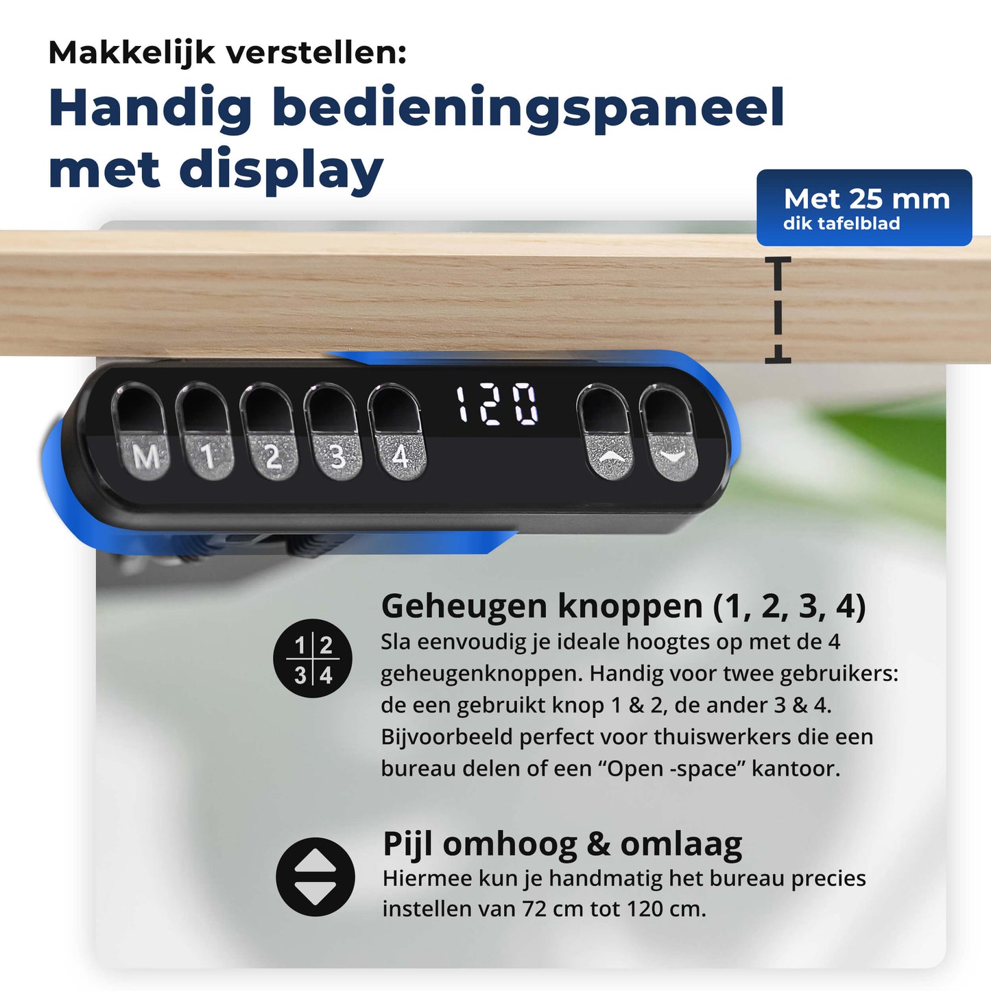 Afbeelding van een elektrisch zit-sta bureau met een bedieningspaneel in verschillende kleuren.