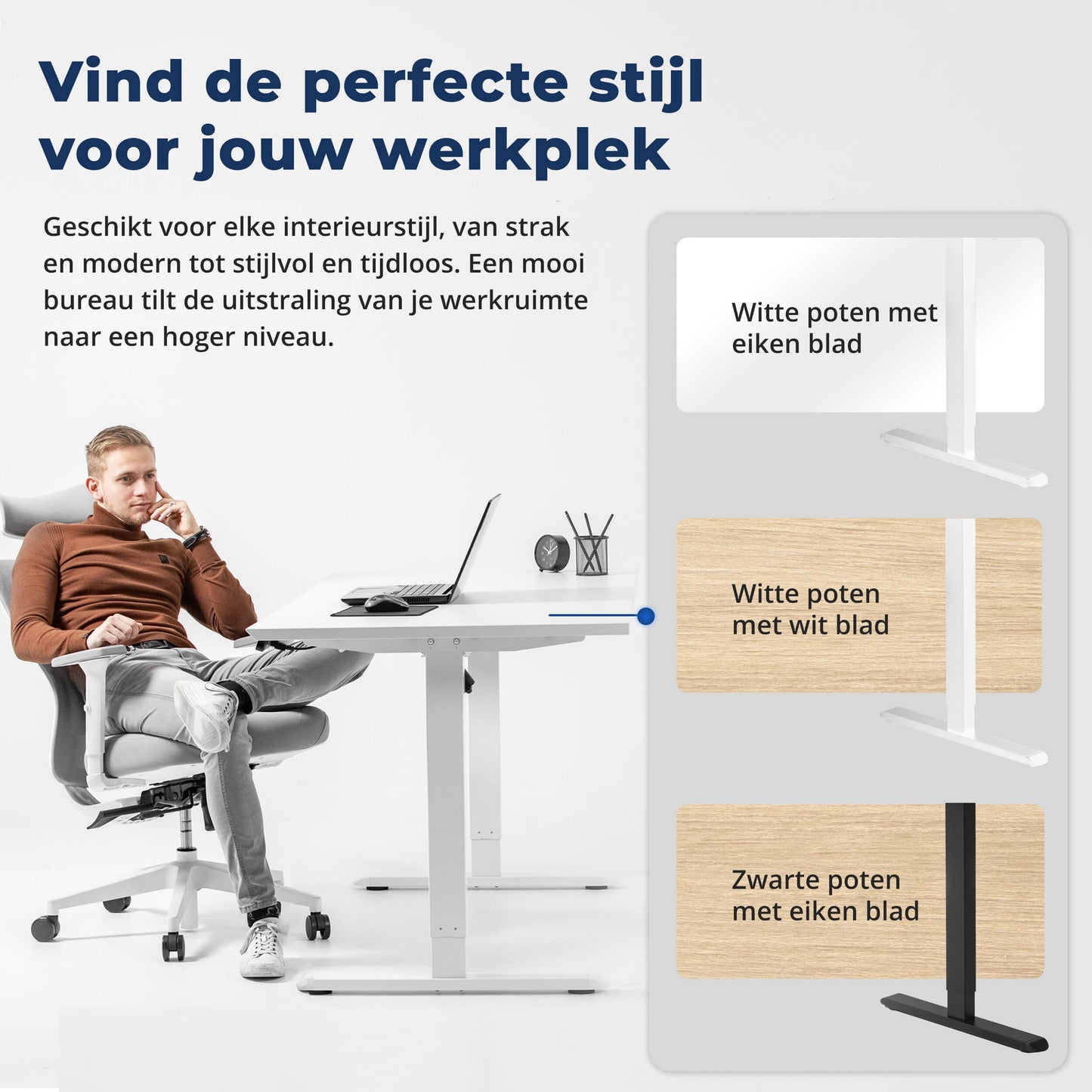 Een man zit aan een bureau met de tekst "vind de perfect still" op de achtergrond van Backerz.