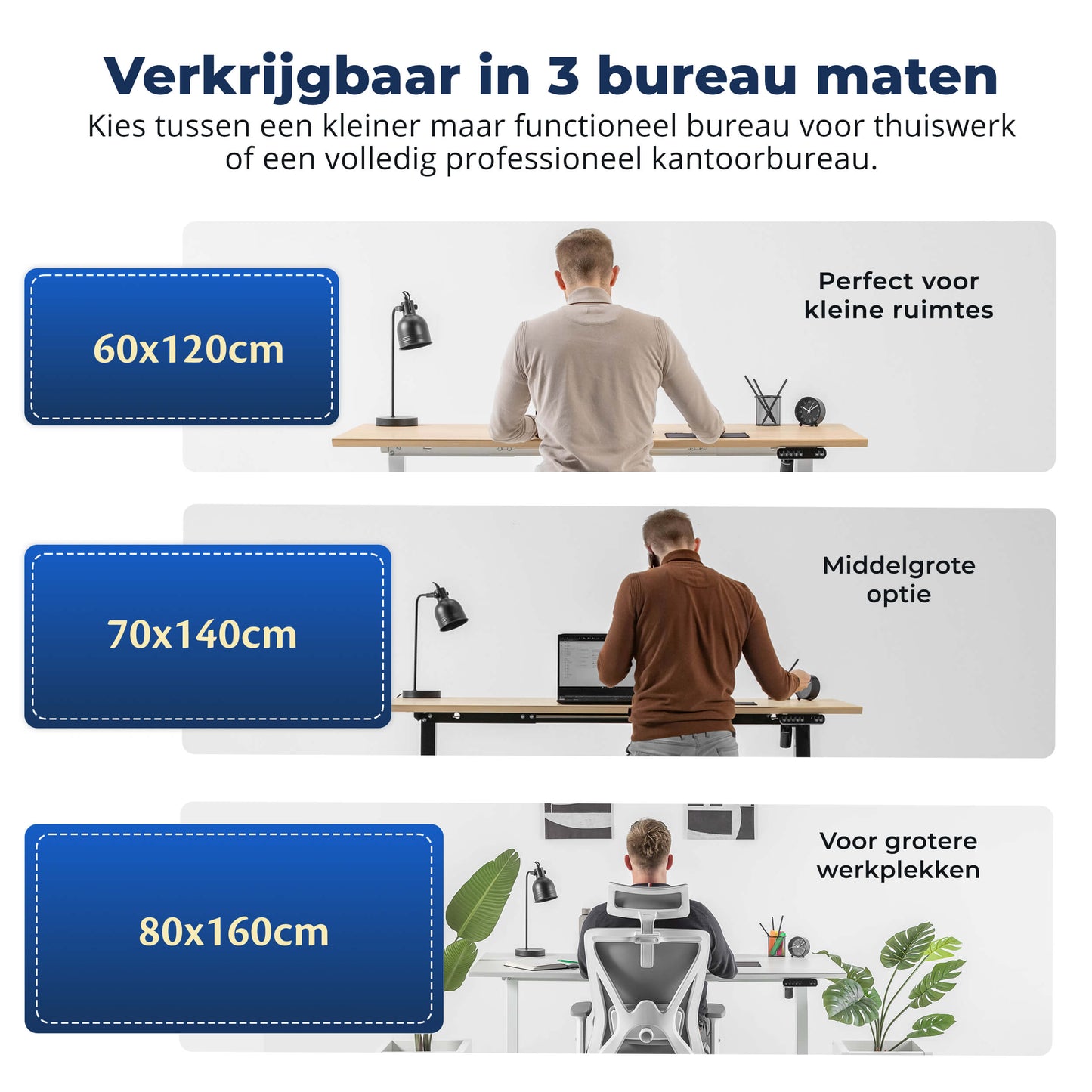Afbeelding toont verschillende hoogtes van het Zit Sta Bureau Elektrisch van Backerz.