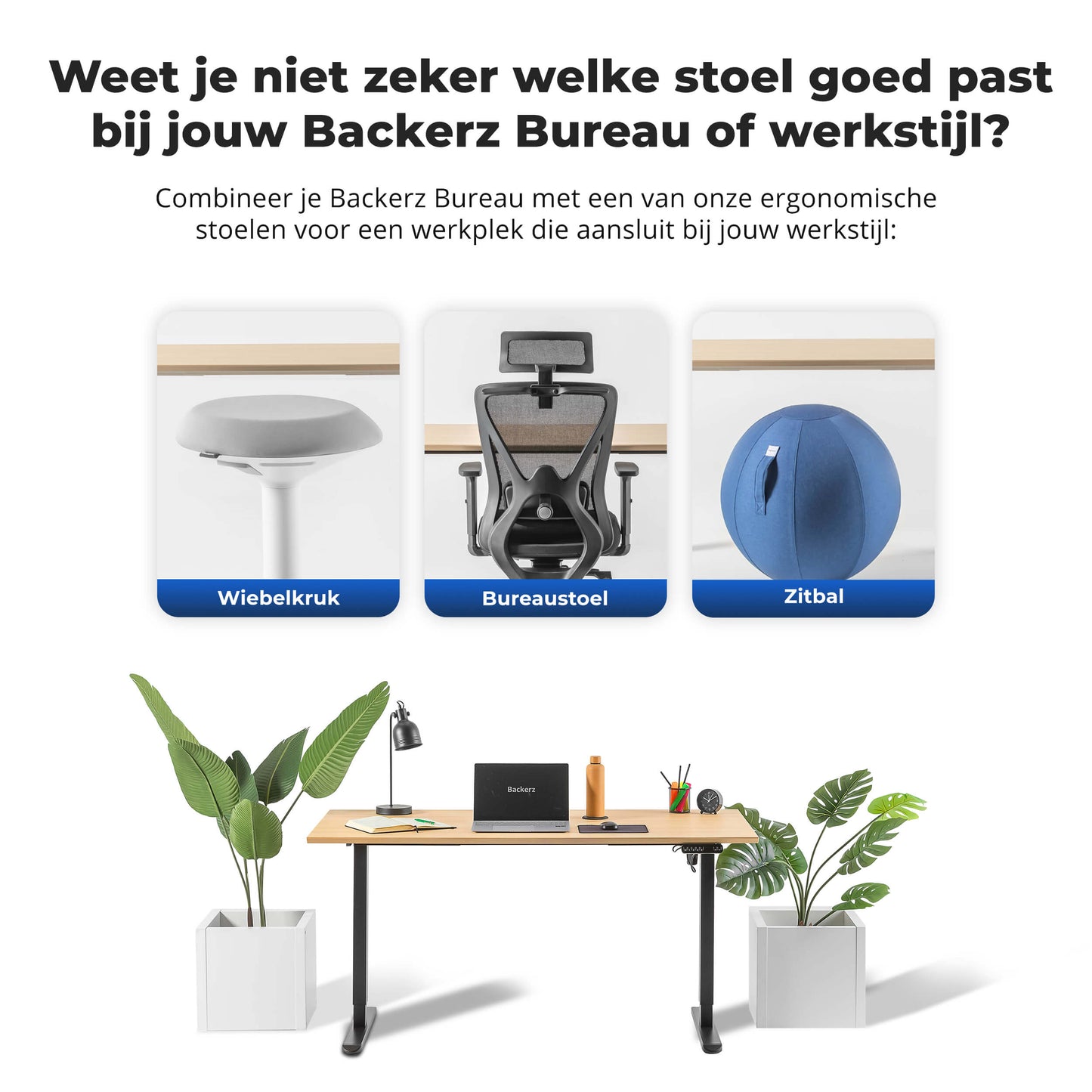 Website van Backerz met informatie over de elektrische zit-sta bureaustoel.