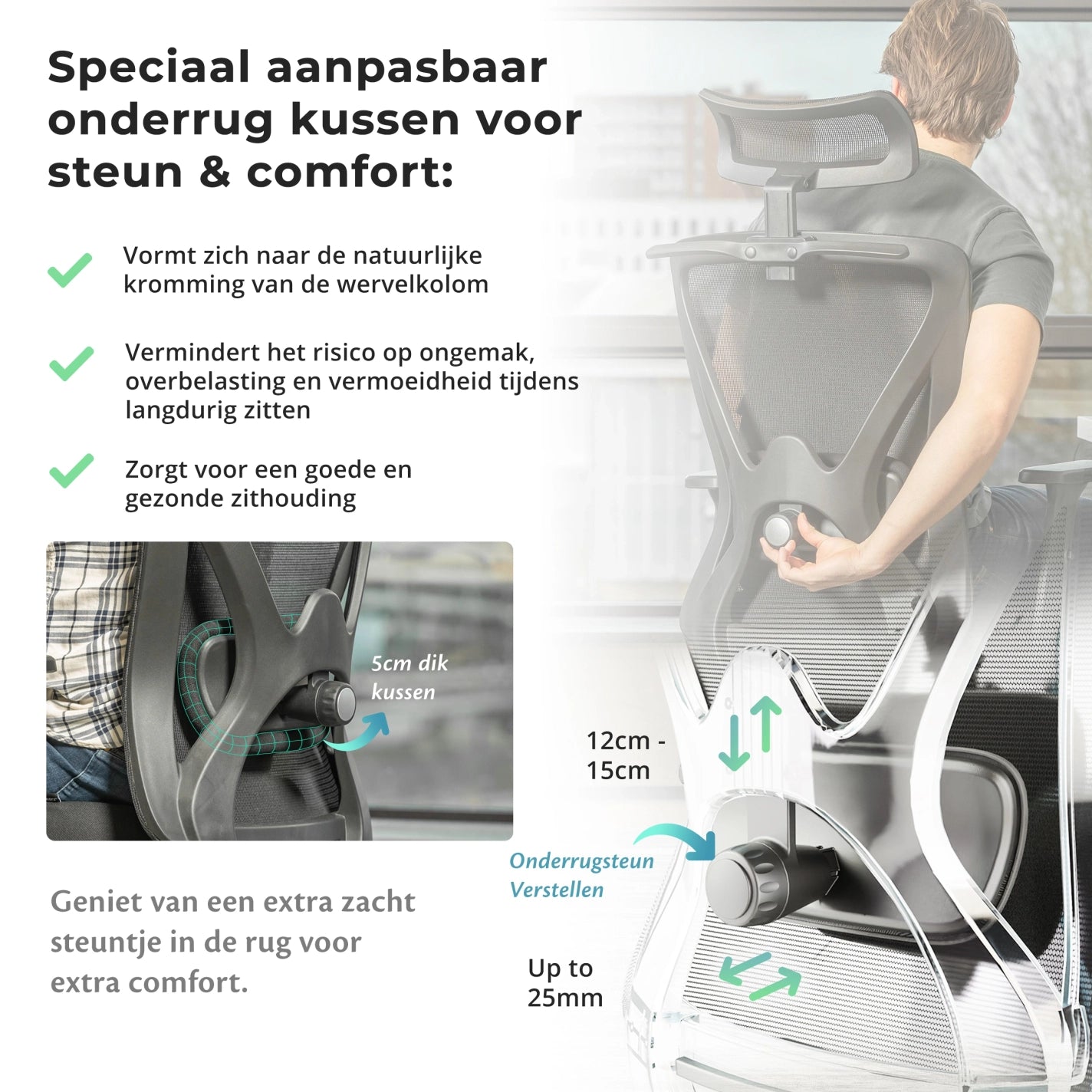 De rugleuning van de ergonomische bureaustoel is zichtbaar, ontworpen voor comfort en ondersteuning tijdens het zitten.