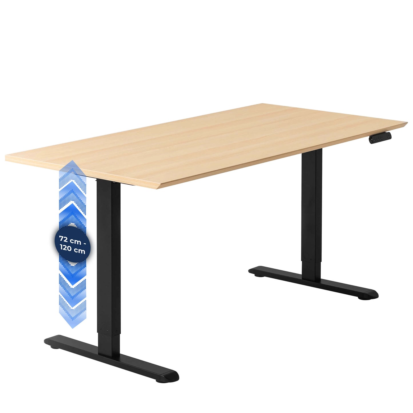 Elektrisch zit-sta bureau met een zwarte basis en een houten blad, ideaal voor een flexibele werkplek.