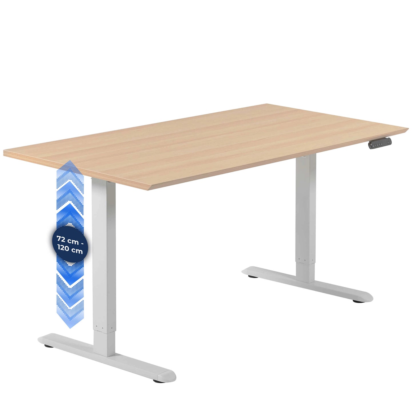 Elektrisch zit-sta bureau met een wit basis en een houten blad, ideaal voor een flexibele werkplek.