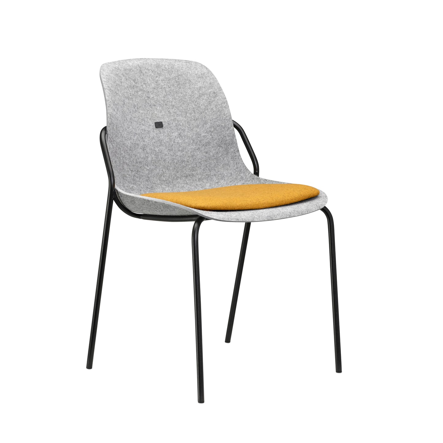 Grijze en gele stoel met een zwart frame, stapelbaar en perfect voor een stijlvolle kantooromgeving.