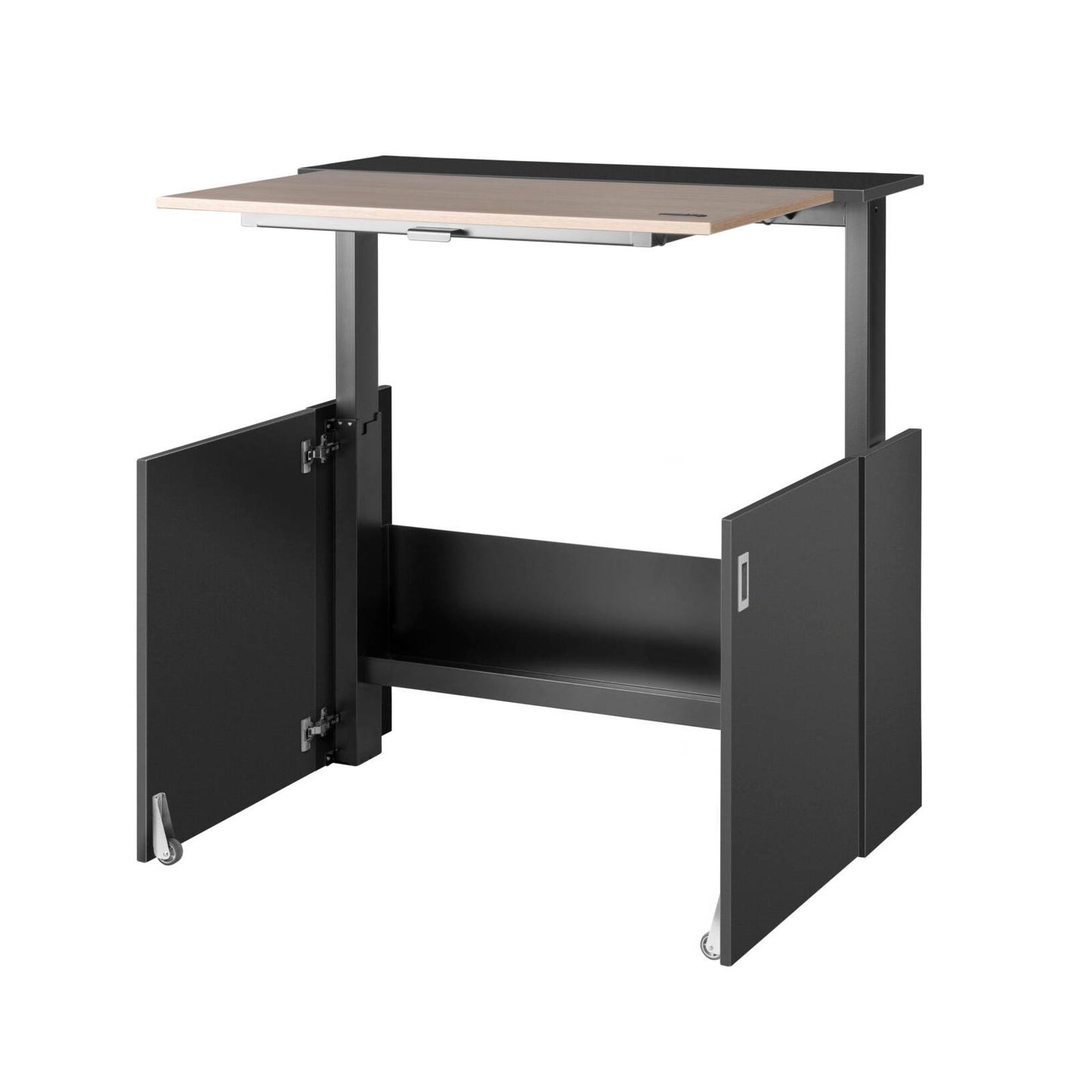 Thuiswerkplek met zwart bureau en houten bovenkant, ideaal voor een comfortabele werkervaring.