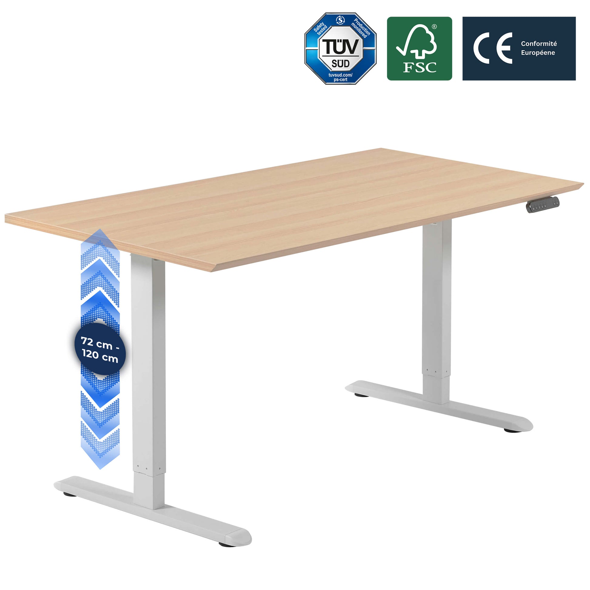 Elektrisch zit-sta bureau met een wit basis en een houten blad, ideaal voor een flexibele werkplek.