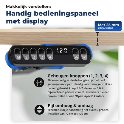 Afbeelding van een elektrisch zit-sta bureau met een bedieningspaneel in verschillende kleuren.