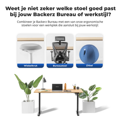 Website van Backerz met informatie over de elektrische zit-sta bureaustoel.