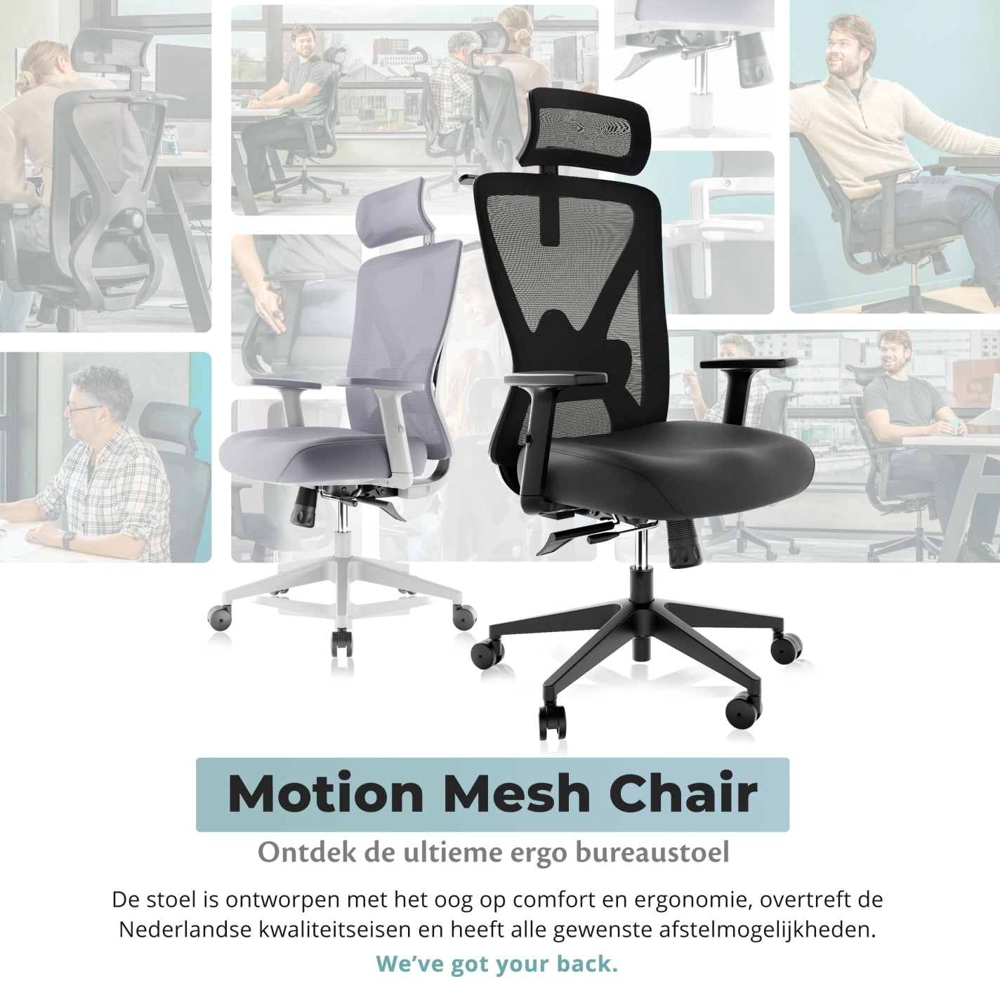 Ergonomische bureaustoel met een modern motion mesh ontwerp, ideaal voor comfort en ondersteuning tijdens het werken.