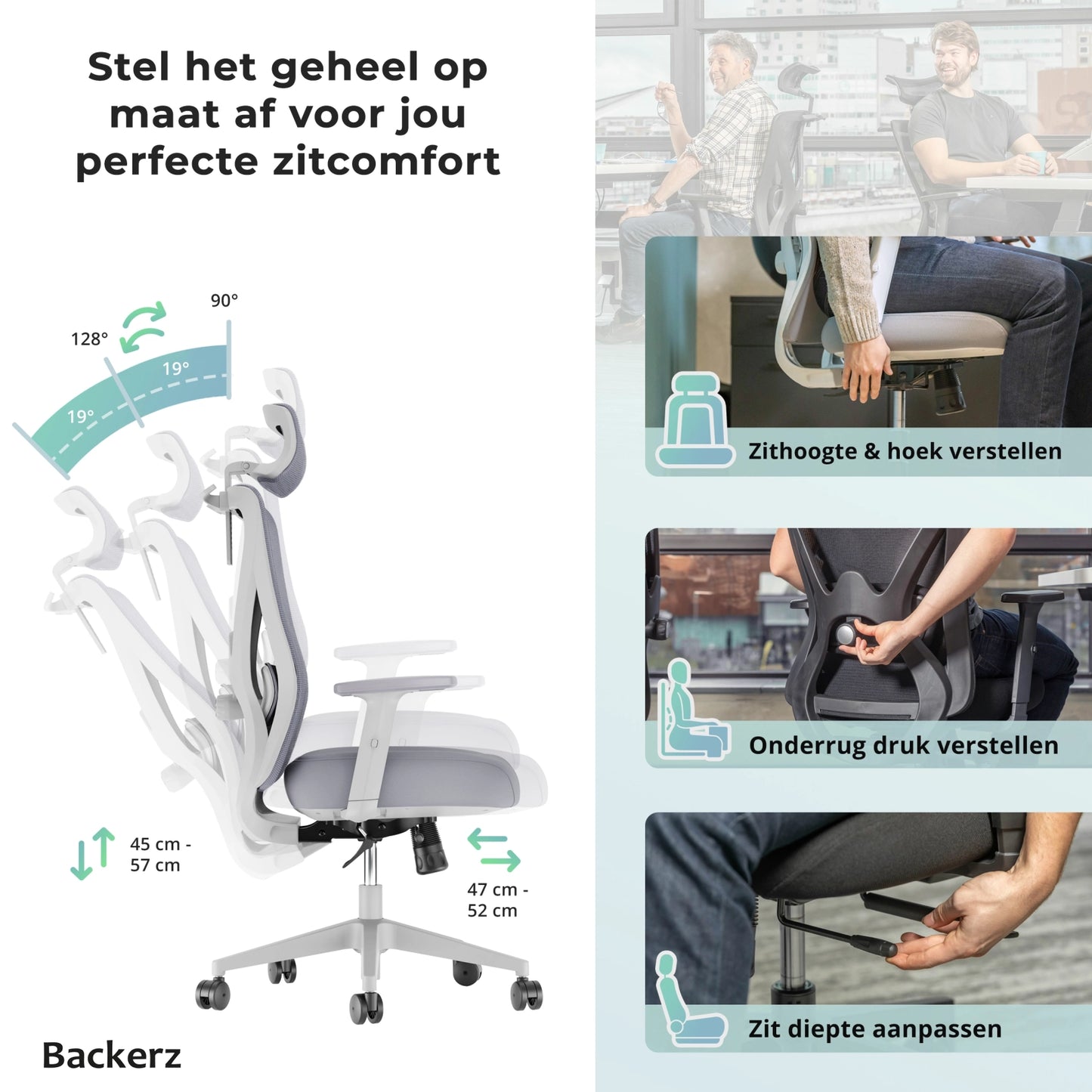 Close-up van de rugleuning van een ergonomische bureaustoel, ontworpen voor comfort en ondersteuning.