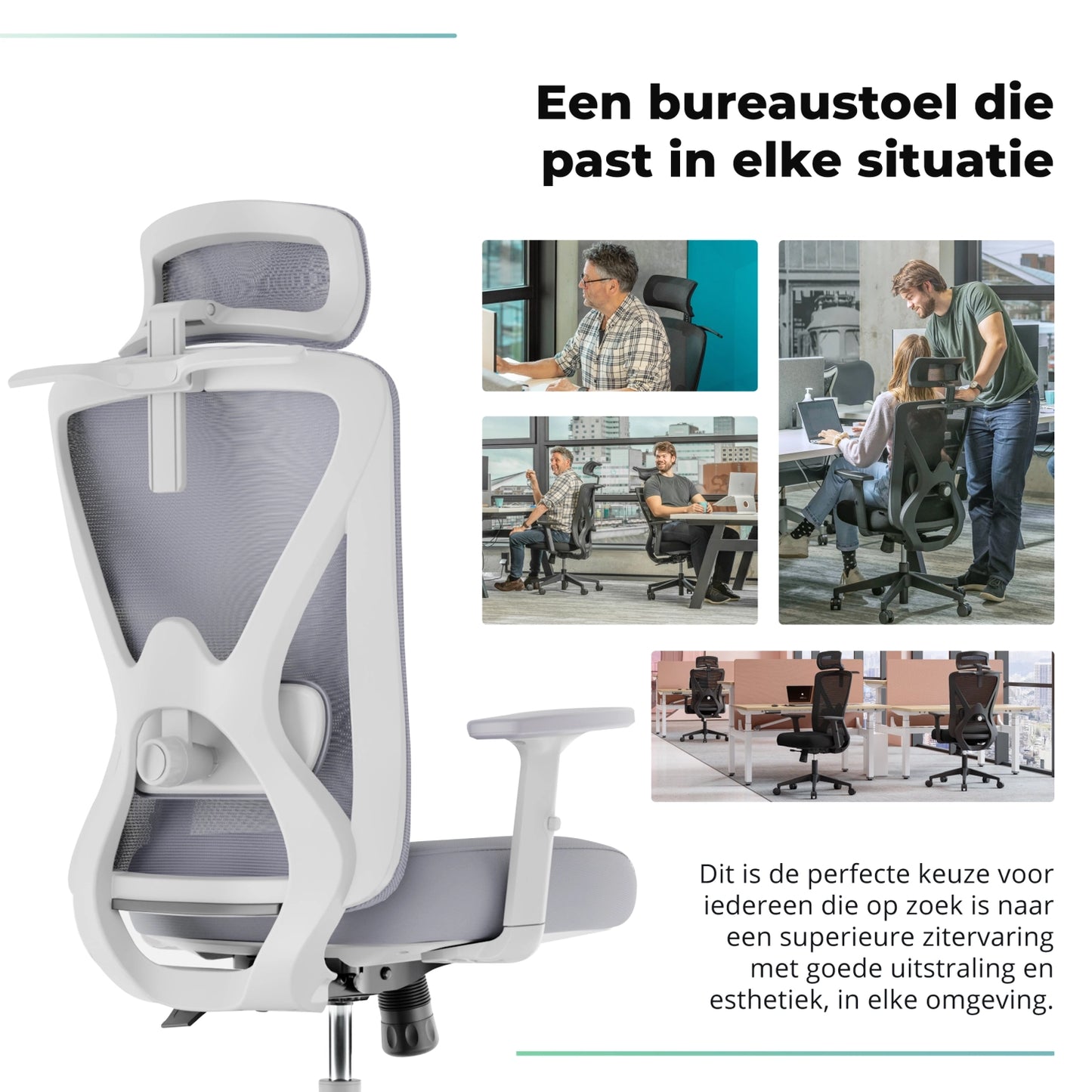 Backerz ergonomische bureaustoel met moderne uitstraling, ontworpen voor comfort en ondersteuning tijdens lange werkuren.