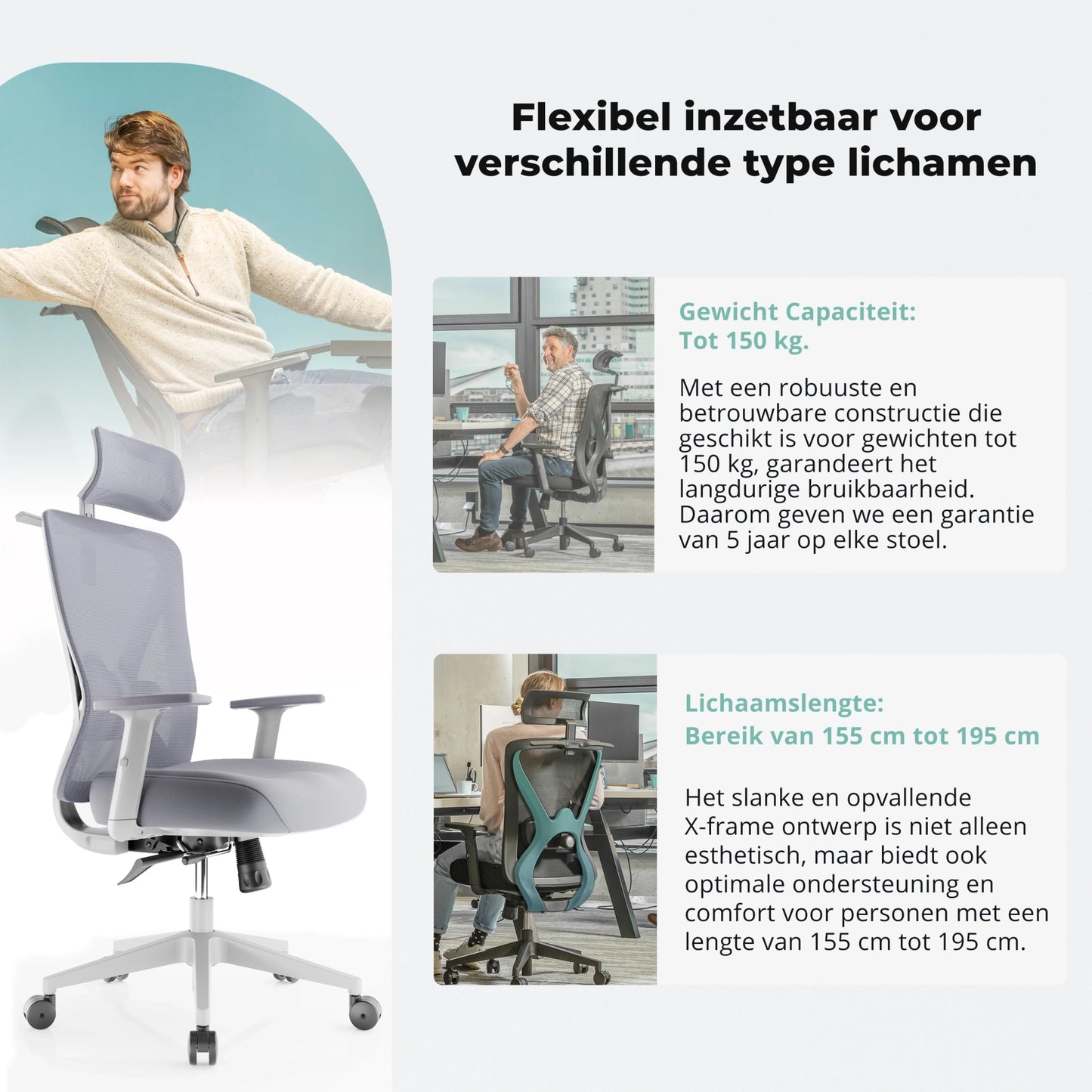 Moderne ergonomische bureaustoel met ondersteuning voor de rug en verstelbare functies voor een gezonde zithouding.