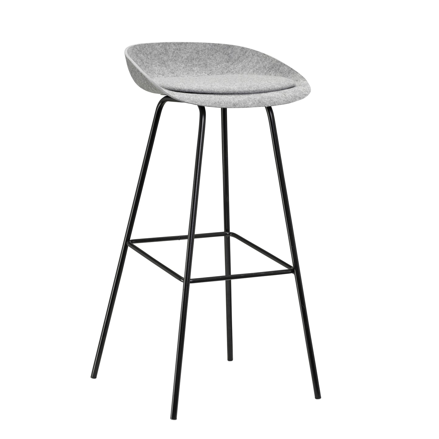 Grijze hoge kruk met zwarte poten, gemaakt van gerecycled PET, perfect voor een milieuvriendelijke inrichting.