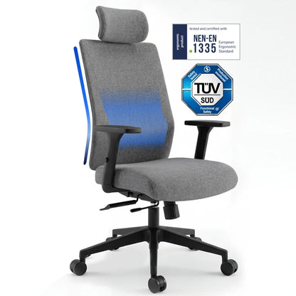 Backerz ergonomische bureaustoel met hoofdsteun, NEN-EN 1335 en TÜV SÜD gecertificeerd, met ergonomische rugondersteuning en gestoffeerde zitting.