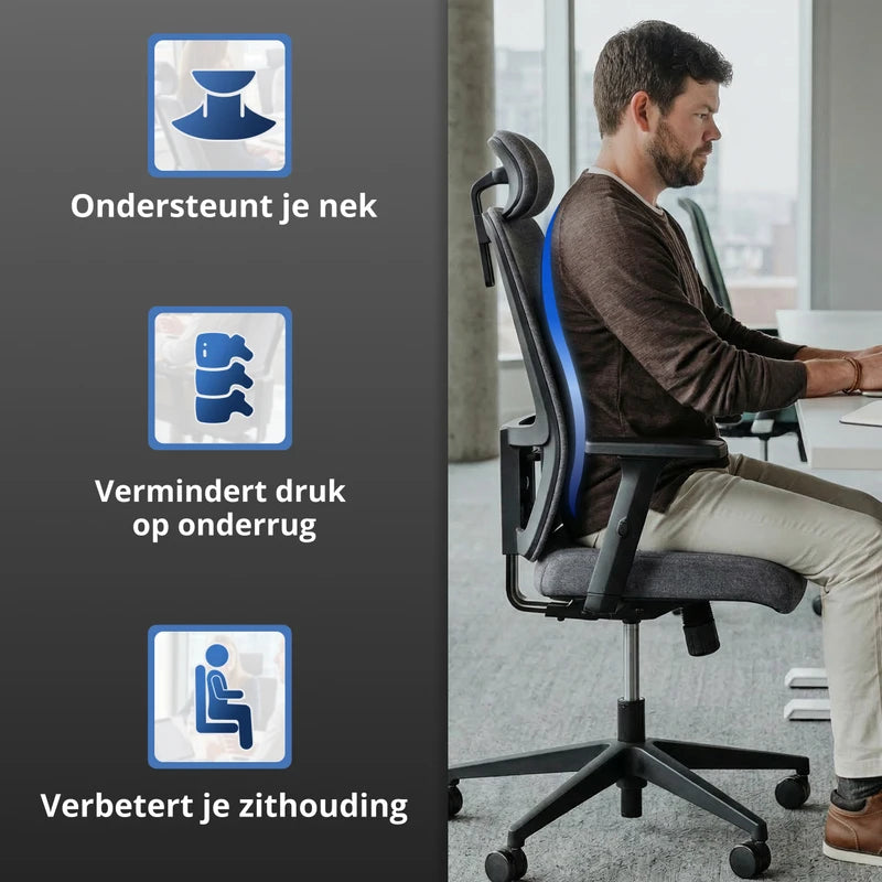 Backerz bureaustoel ondersteunt nek en onderrug en verbetert de zithouding met ergonomische rugondersteuning tijdens het werken.