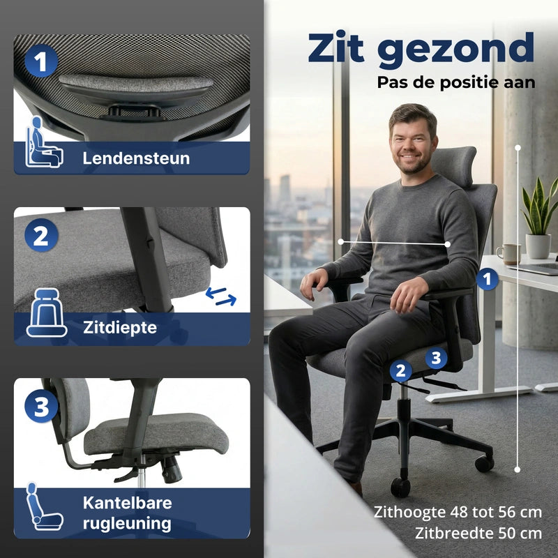 Backerz bureaustoel met verstelbare lendensteun, zitdiepte en kantelbare rugleuning voor een gezonde en comfortabele zithouding.