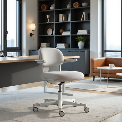 Witte bureaustoel met ergonomische kenmerken, inclusief een comfortabele zitting en armleuningen voor ondersteuning. 