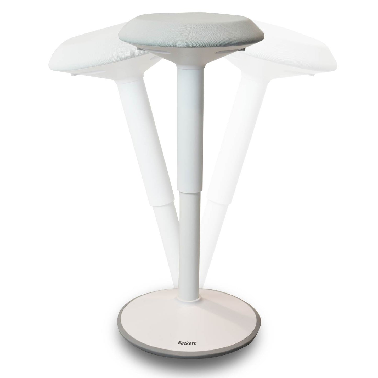 Een witte wiebelkruk met een witte basis, ontworpen voor comfort en duurzaamheid.