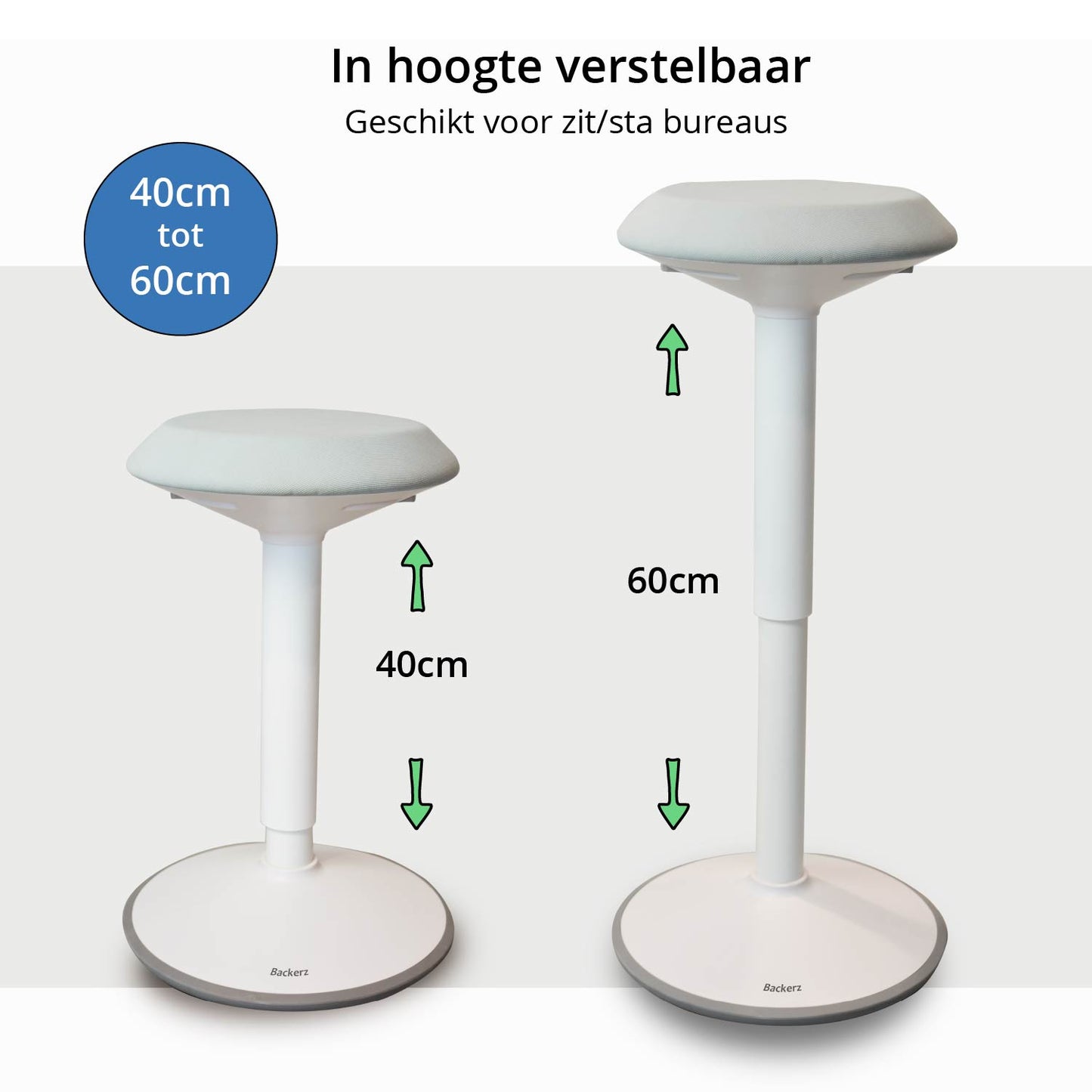 De witte wiebelkruk is verstelbaar in hoogte van 40 cm tot 60 cm.