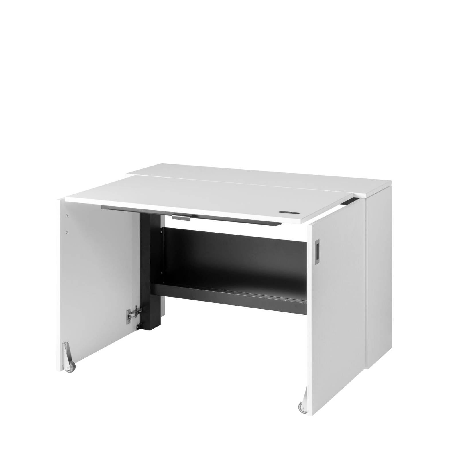 Wit bureau met een plank, ideaal voor een comfortabele thuiswerkplek met de HomeFit thuiswerkoplossing.