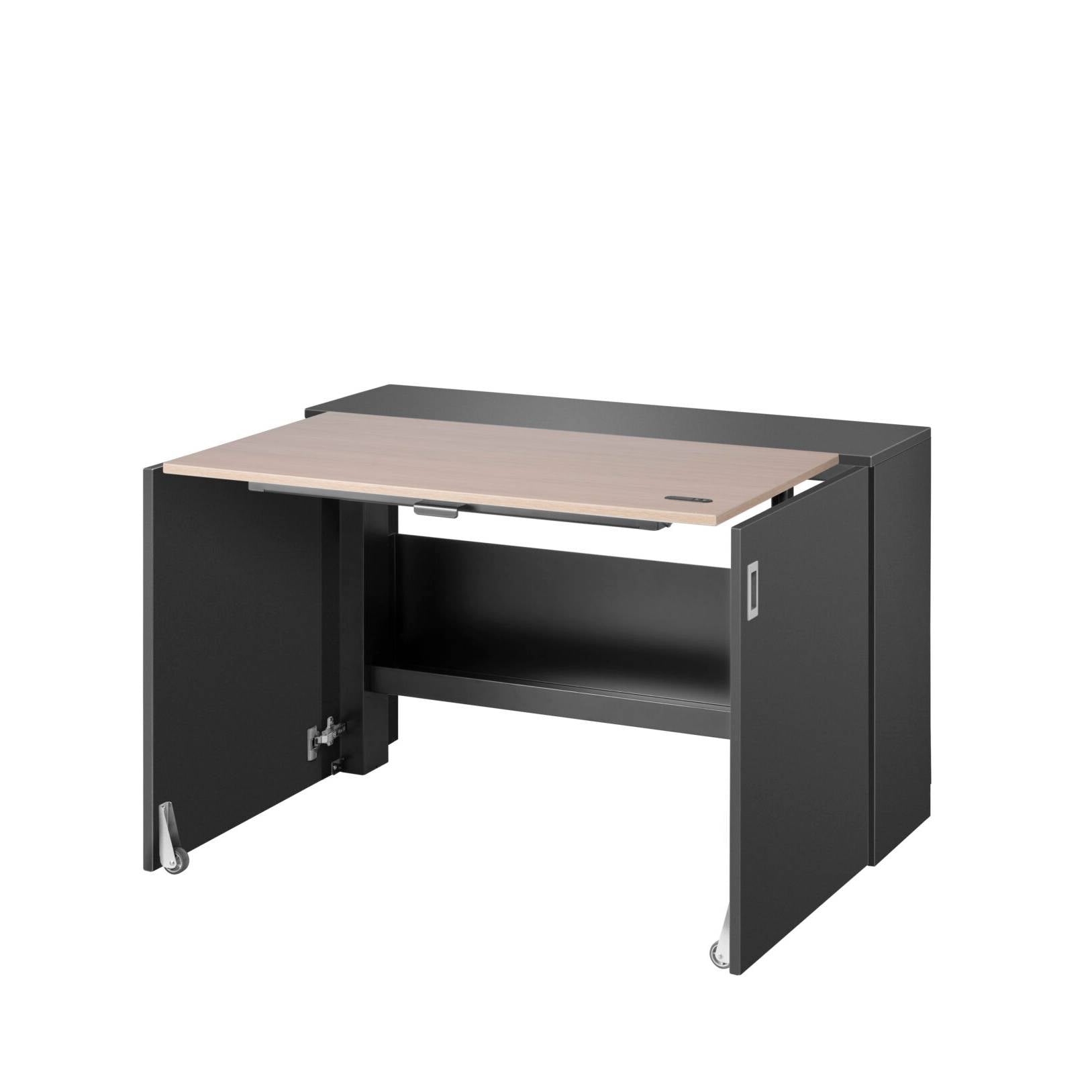 Ergonomisch zwart bureau met houten blad en lade, ideaal voor een flexibele werkplek thuis.
